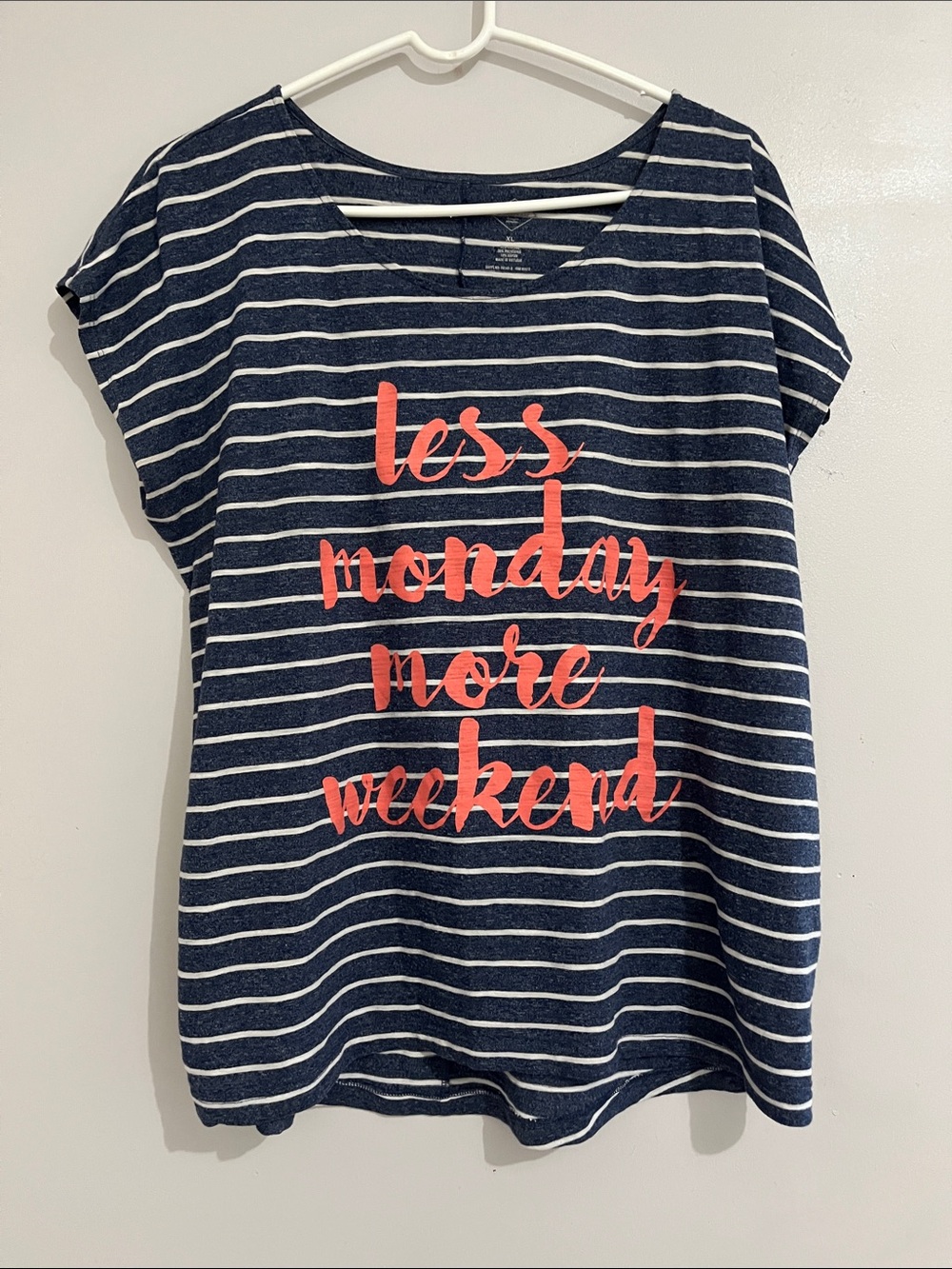 Women’s Navy Striped Tee with Coral Script - Less Monday More Weekend summer XL